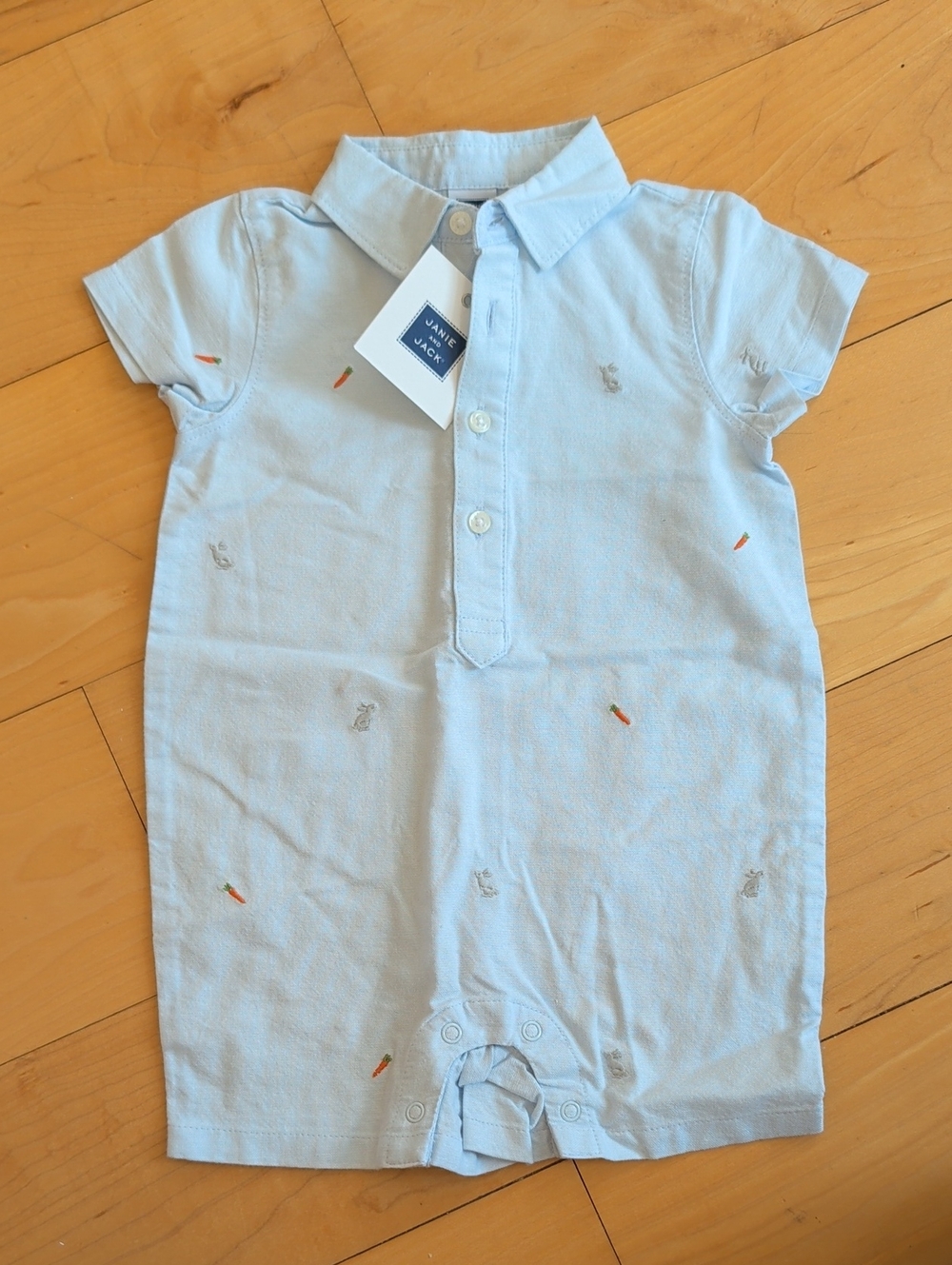 Janie and Jack Light Blue Polo Romper with Embroidered Rabbits Carrots